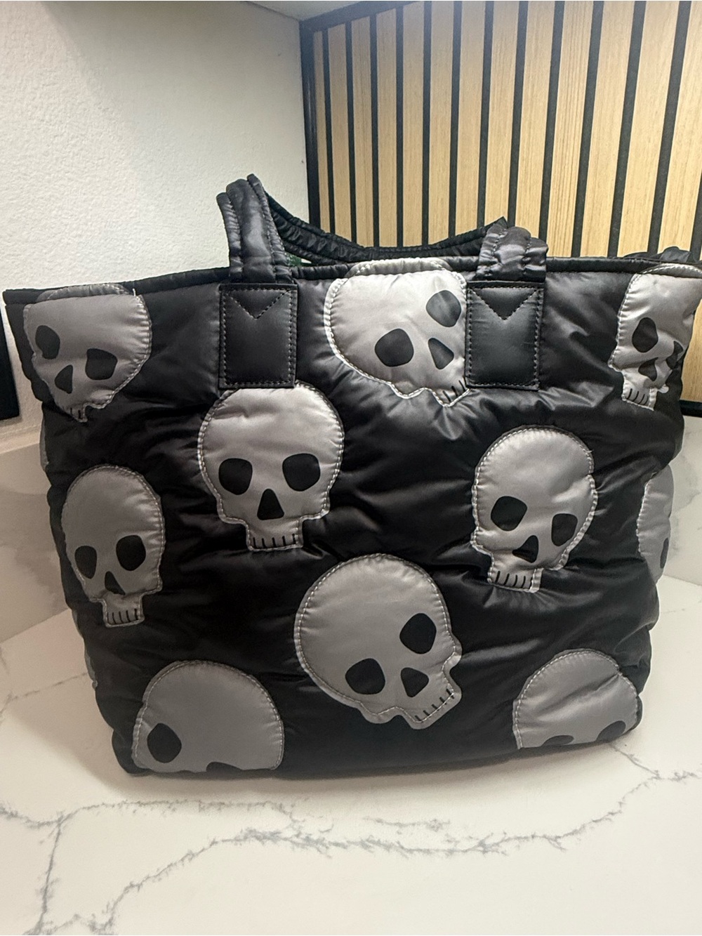Black Quilted Tote Bag with Silver Skull Appliqués